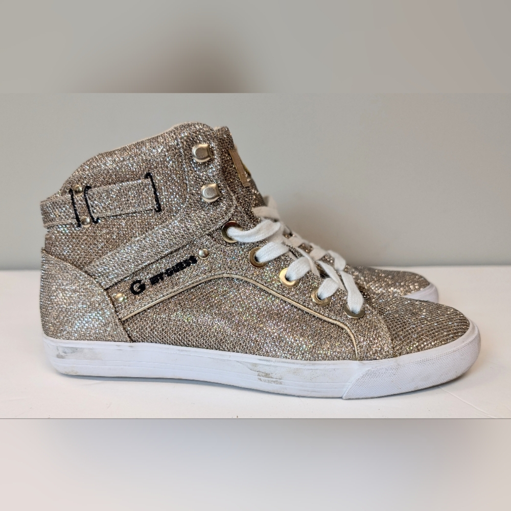 G by Guess Opall Gold Glitter High Top Sneaker Lace Up Fashion Shoes Size 8M